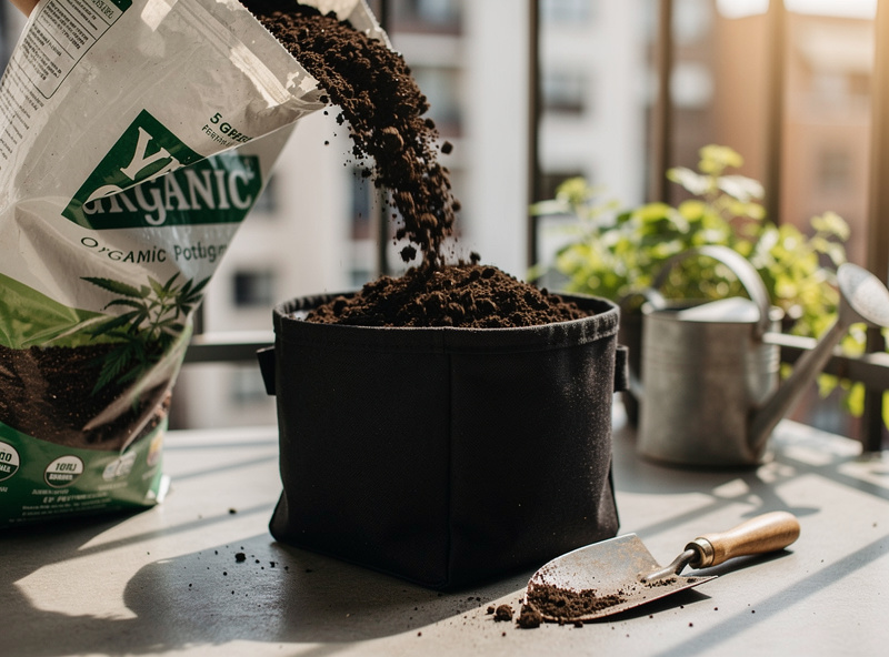 A 5-gallon fabric grow bag on a balcony being filled with fresh dark potting mix from an open bag, with a small trowel beside it