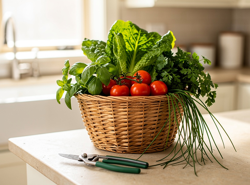 A hand-woven basket of fresh-cut lettuce leaves, basil, parsley, cherry tomatoes, and chives on a kitchen counter beside garden snips