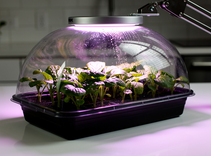 Clip-on LED grow light shining over leafy seedlings in a 1020 tray with humidity dome on a kitchen counter