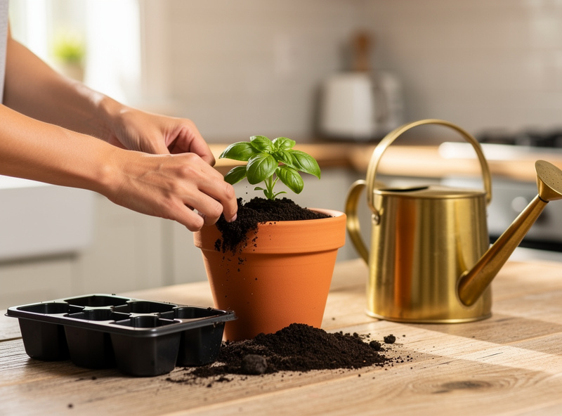 Hands transplanting a basil seedling into a terracotta pot with fresh dark potting mix on a wooden table