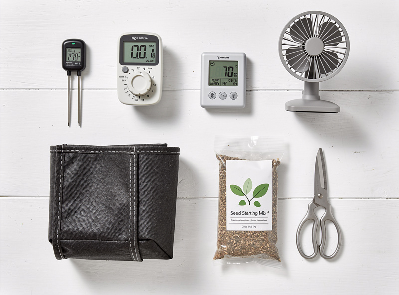 Top-down flat lay of indoor gardening essentials including soil moisture meter, hygrometer, outlet timer, fabric grow bag, and seed starting mix