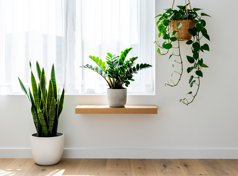 A bright modern living room corner with a snake plant, pothos, and ZZ plant in white ceramic pots on a wooden shelf with a sunlit window