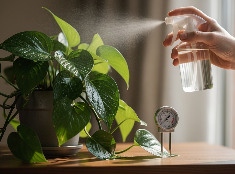 A close-up of a hand misting a glossy green pothos leaf on a wooden shelf with a small spray bottle and a moisture meter