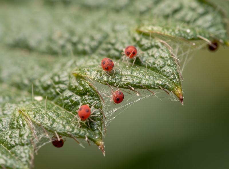 Two-spotted spider mites with fine silk webbing on the underside of a strawberry leaf, captured at 5x macro magnification