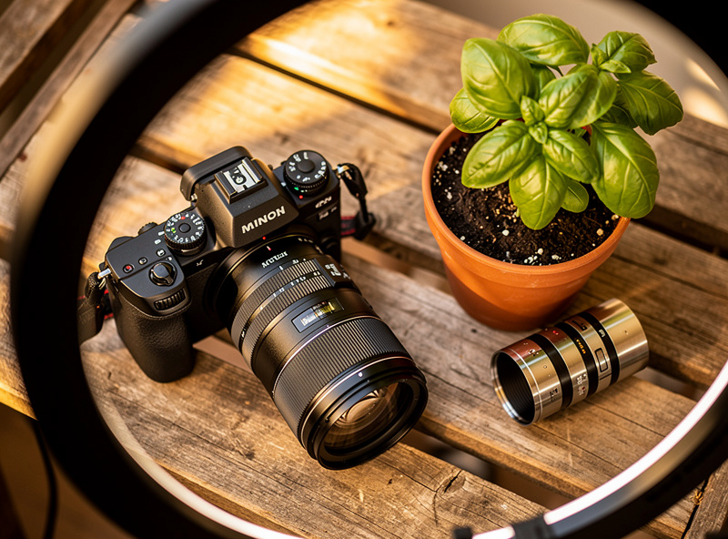 Mirrorless camera with macro lens and extension tubes set up on a wooden potting bench beside a basil plant under ring-light illumination