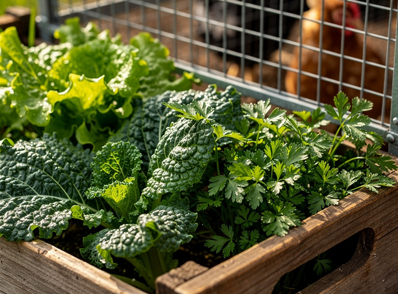 Fresh kale, lettuce and parsley harvest beside a chicken run