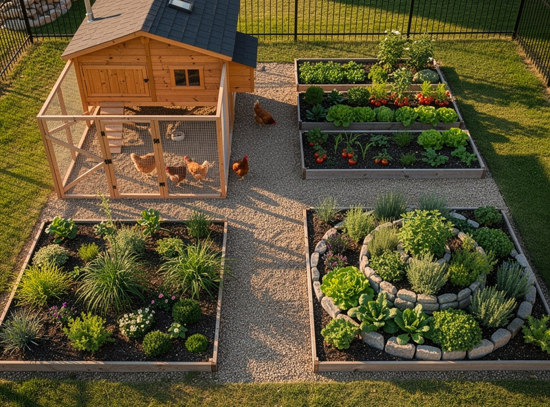 Top-down garden layout with raised vegetable beds beside a chicken coop and run