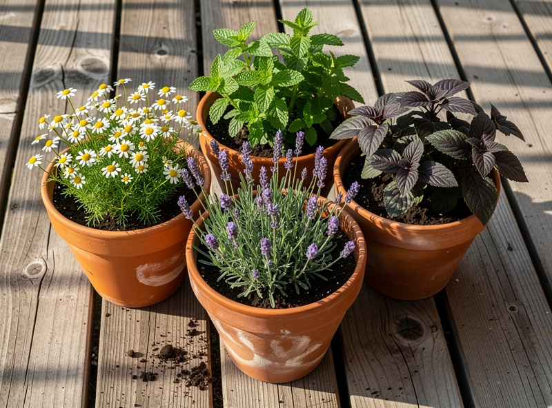 Chamomile, lemon balm, peppermint, lavender, and tulsi growing in five terracotta pots on a sunlit balcony