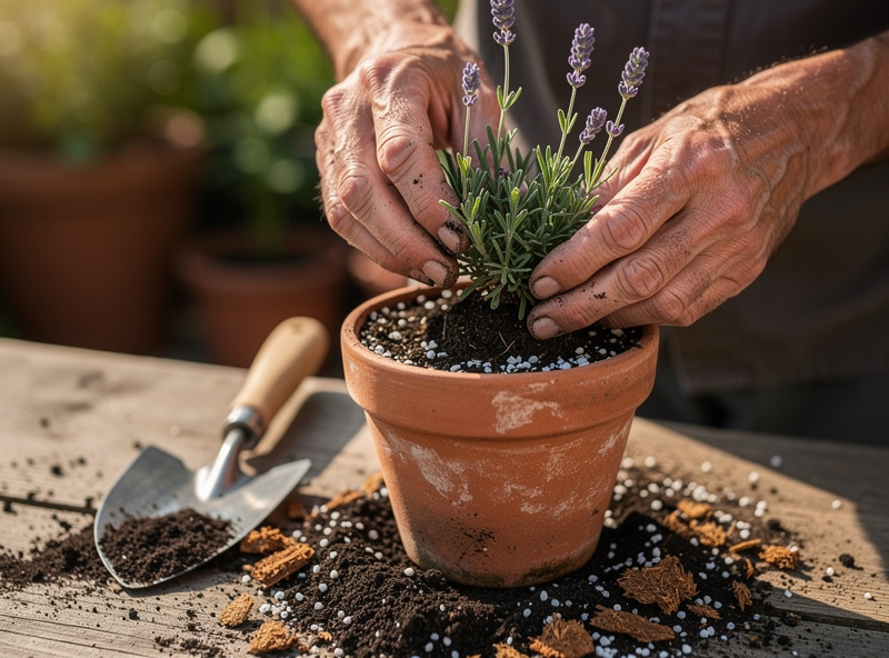 Hands transplanting young lavender seedling into terracotta container with perlite and compost soil mix
