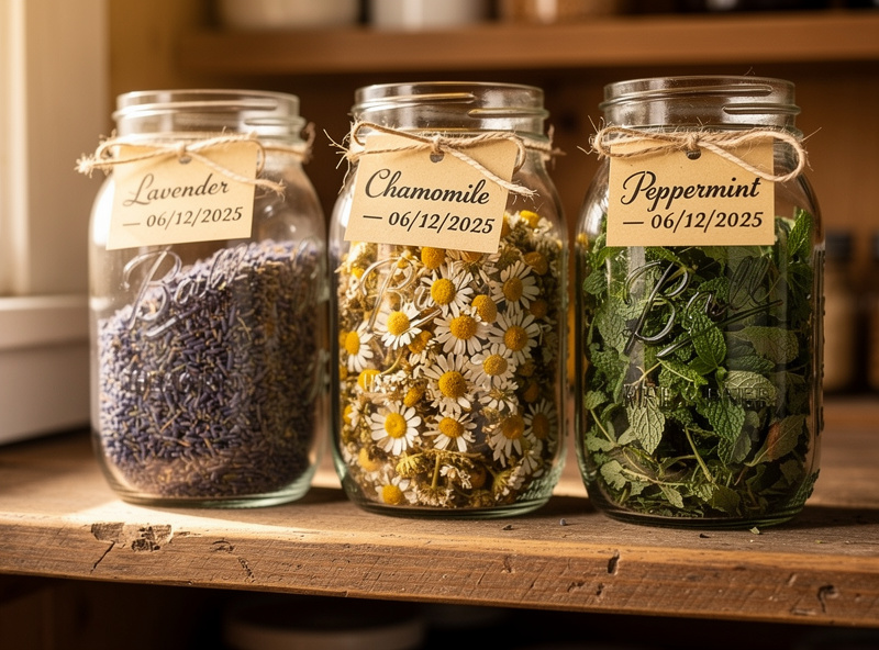 Mason jars filled with dried lavender buds, chamomile flowers, and peppermint leaves on a wooden shelf with handwritten labels