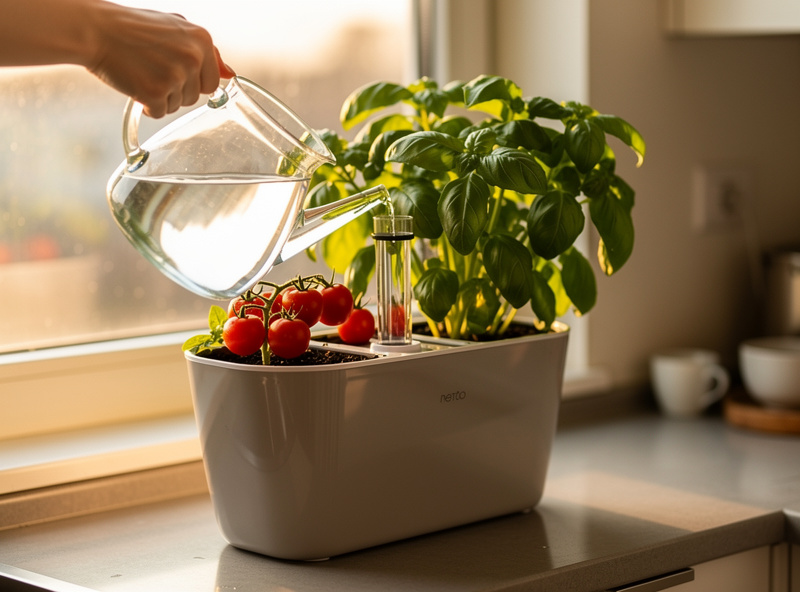 Person refilling a self-watering planter through the fill tube on a kitchen windowsill