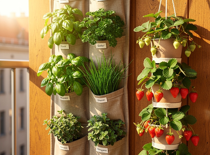 A vibrant small space garden on an apartment balcony with a vertical herb wall, hanging strawberry tower, and stacked planters of leafy greens and flowers