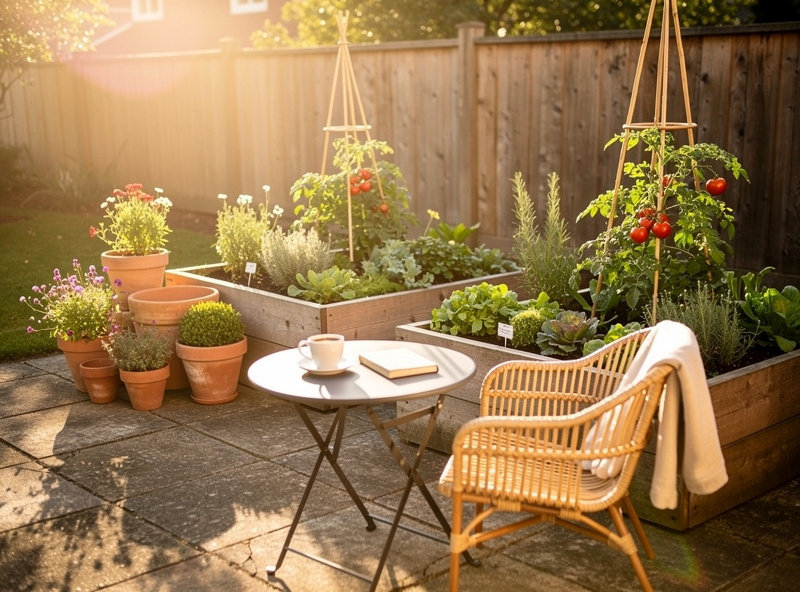 A small backyard patio garden with two raised wooden beds, container vegetables, and a small bistro table with a coffee cup
