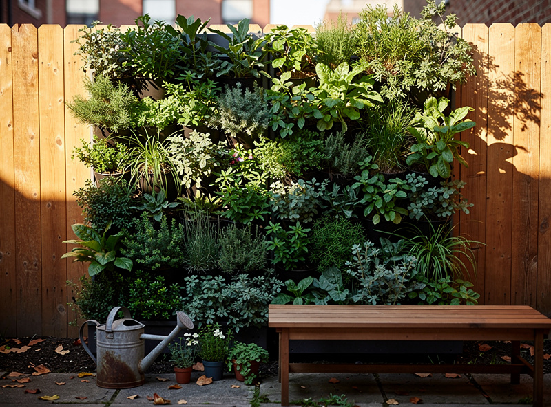 A vertical living wall of green plants and herbs mounted on a wooden fence with a small bench beside it