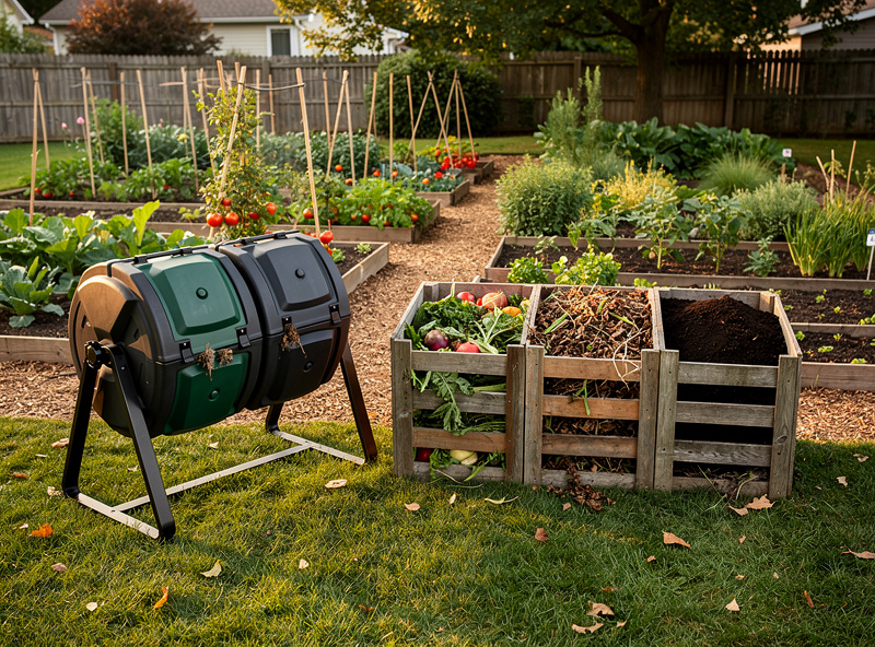 Side-by-side outdoor view comparing a horizontal-axis dual-chamber compost tumbler on the left with a traditional open three-bin wooden compost pile on the right, both in active use in a suburban backyard.