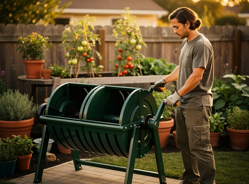 Photograph of a person cranking a horizontal-axis dual-chamber compost tumbler in a suburban backyard with potted vegetables visible behind, late afternoon golden light.