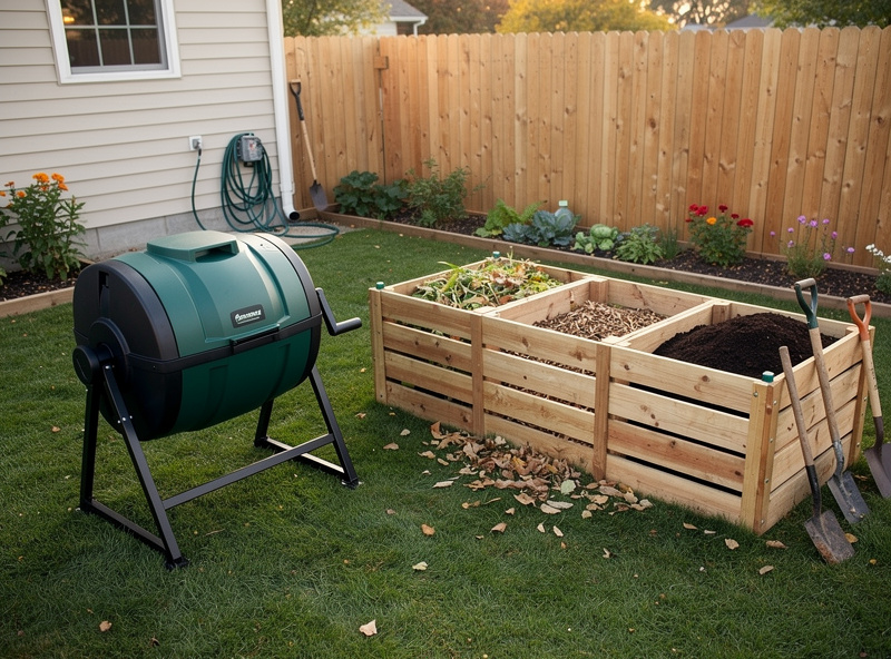 Wide backyard view showing both a compost tumbler and an open three-bin wooden compost system positioned in different corners of the same yard, demonstrating a hybrid two-system composting setup.