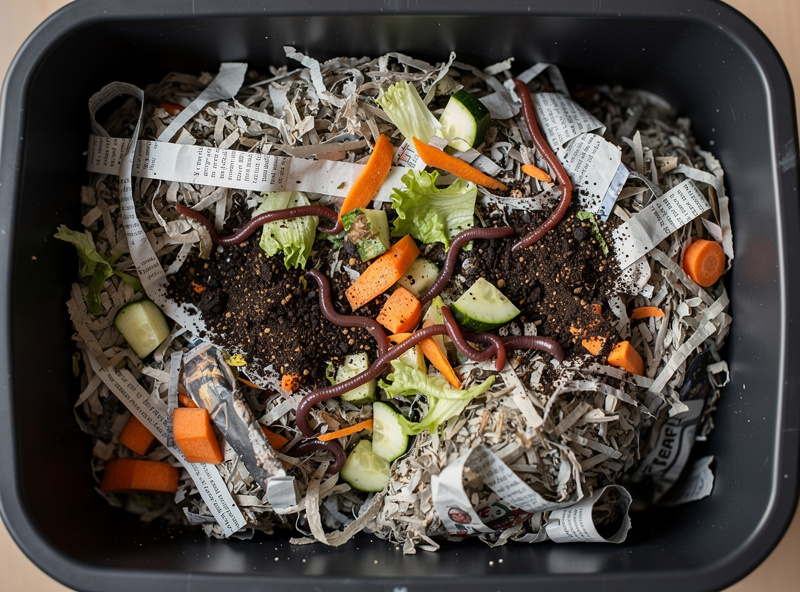 Top-down view of a beginner worm bin showing red wiggler worms on top of shredded newspaper bedding with vegetable scraps and coffee grounds buried beneath.