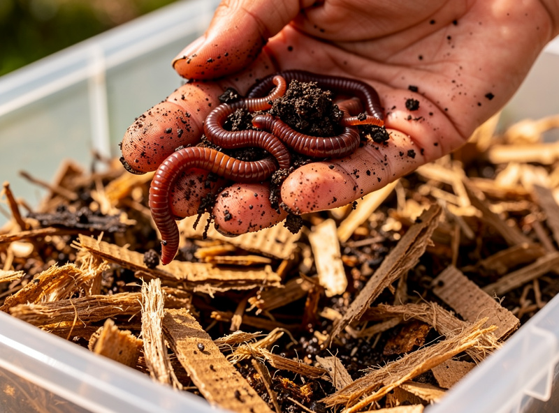 Hand holding a clump of red wiggler composting worms over fresh damp shredded newspaper bedding inside a vermicompost bin.