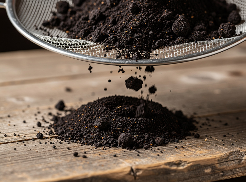Close-up of finished dark crumbly worm castings being sieved through quarter-inch hardware cloth, with a small pile of pure castings ready to use as fertilizer.