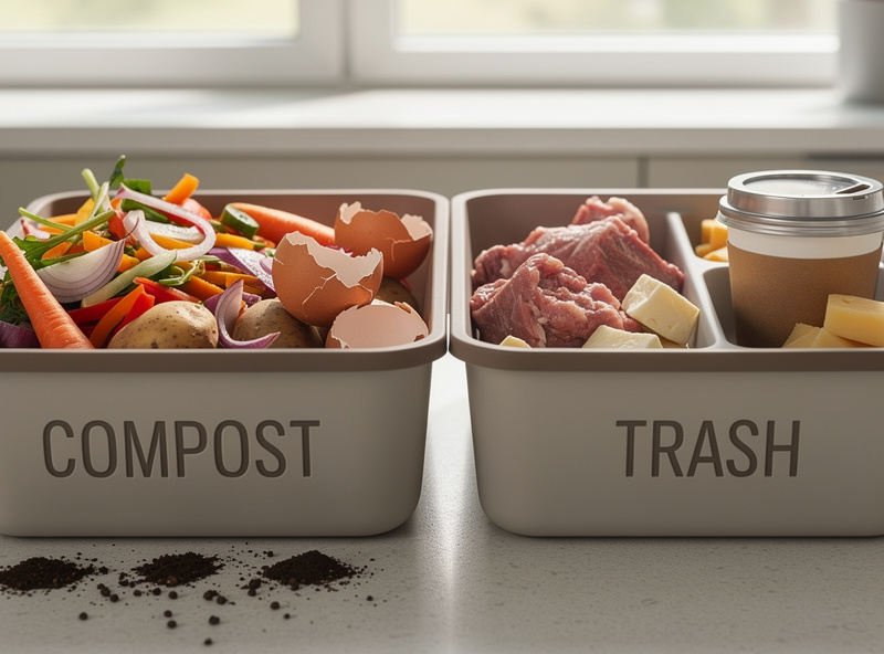 A waste sorting workspace showing a backyard compost bin with green-brown compostable material on one side and a separate trash bin holding compost-no items like meat scraps, glossy paper, and pet waste on the other side.