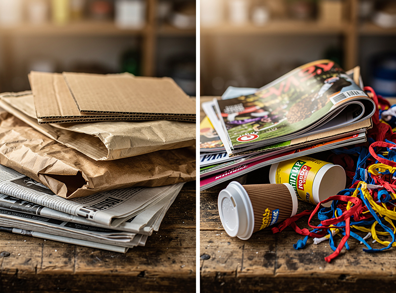 Side-by-side comparison showing a pile of acceptable brown materials like uncoated cardboard and newspaper next to a pile of items that should not be composted including glossy magazines, plastic-coated coffee cups, and synthetic fabric scraps.