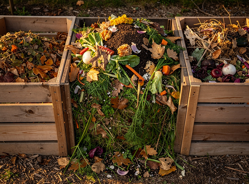 Photograph of a healthy active outdoor compost pile in a wooden bin showing only acceptable materials like vegetable scraps, leaves, coffee grounds, and grass clippings layered together with no contaminating items present.