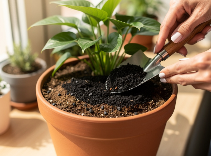 Photograph of a gardener mixing worm castings into a 6-inch terra cotta houseplant pot with a small trowel showing the surface application technique for indoor plants.