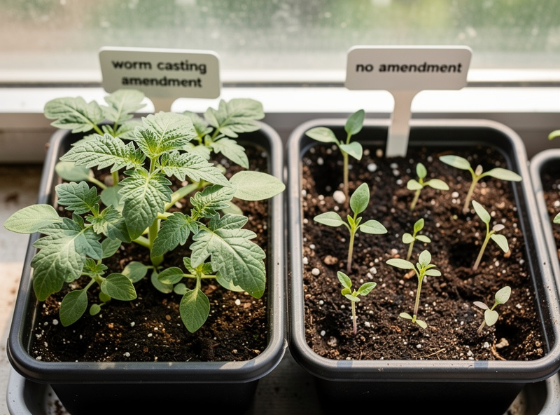 Close-up of two seed trays side by side showing visibly larger and greener tomato seedlings on the left grown with worm casting amendment compared to smaller paler seedlings on the right grown without amendment.