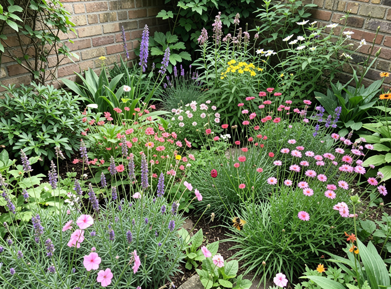 Small courtyard garden with dense blocks of flowering perennials and visiting bees