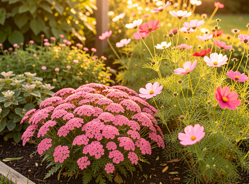 Late-summer small garden bed with sedum and cosmos still in bloom