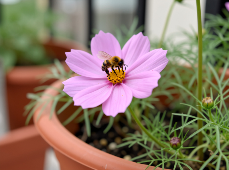 Bumblebee landing on a single open cosmos flower in a balcony container