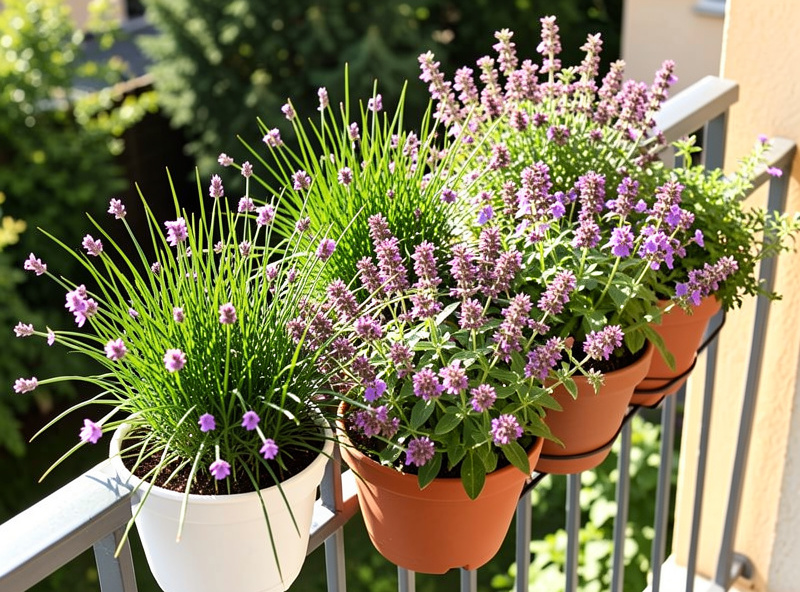 Cluster of flowering herb pots including chives and marjoram on a sunny balcony