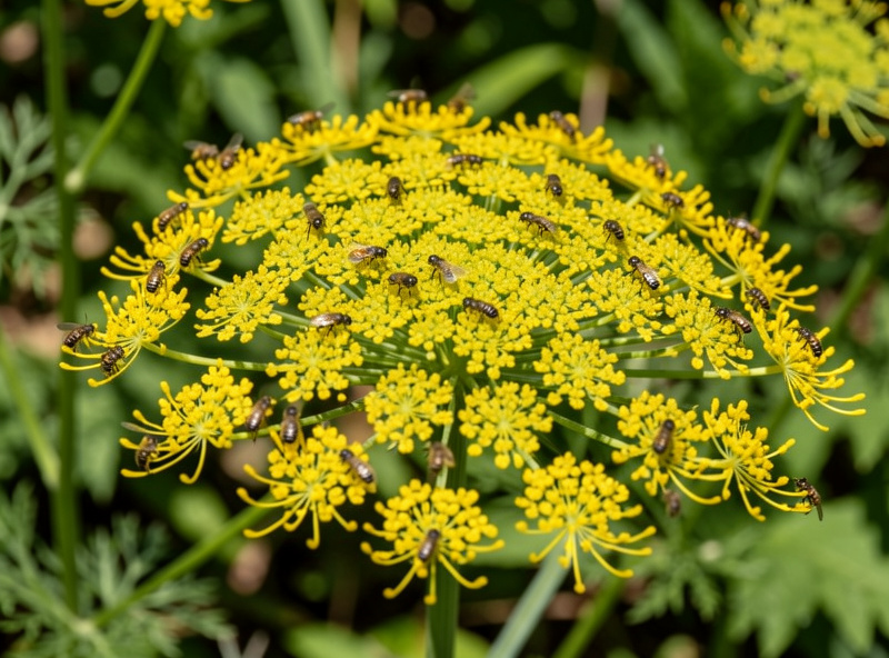 Flat-topped dill flower covered in small hoverflies and beneficial insects