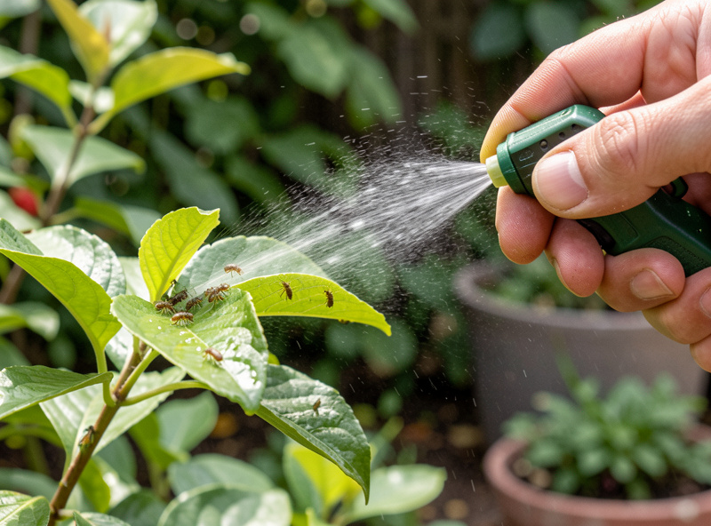 Gardener spraying aphids off a leaf with a jet of plain water