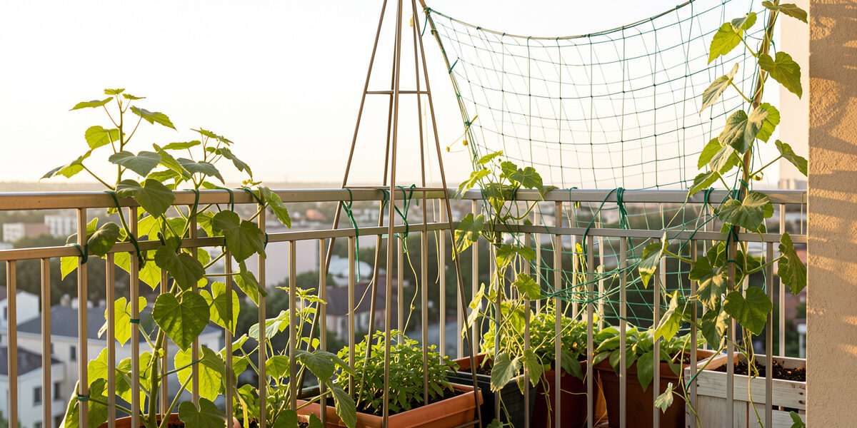 Steel obelisk and bean netting trellis on a balcony container garden tied to the railing