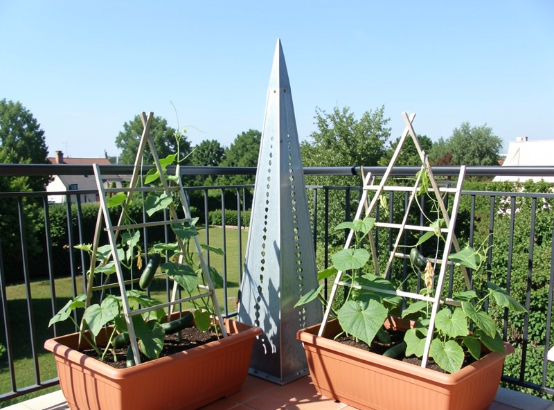 Steel obelisk and A-frame trellis straddling two containers of cucumber and bean plants on a balcony