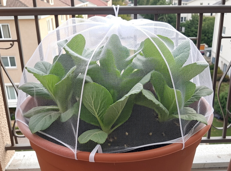 Fine insect mesh netting on hoops draped over container brassicas on a balcony to exclude butterflies and moths
