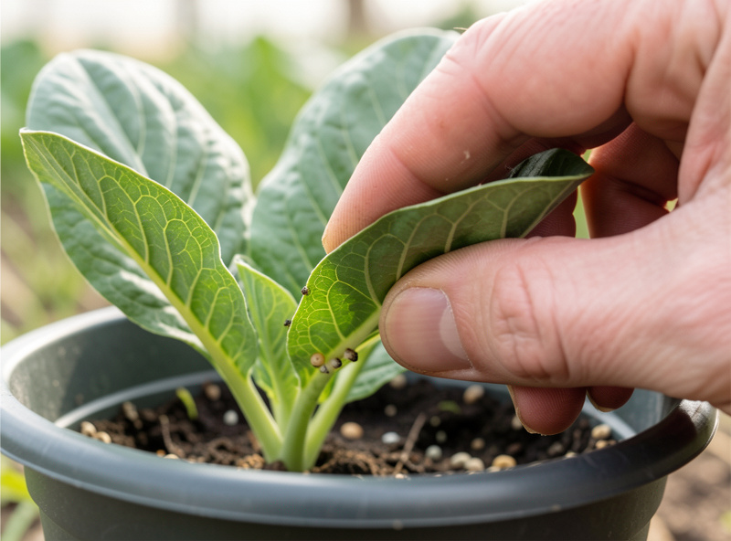 Close-up of a gardener inspecting the underside of a brassica leaf in a container for aphid colonies and caterpillar eggs