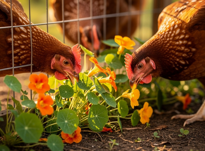 Chickens pecking at nasturtium and kale growing along a coop run fence