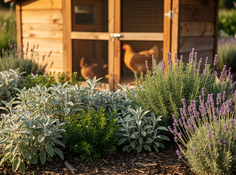 Lavender, rosemary, and sage herbs planted along a chicken coop run edge