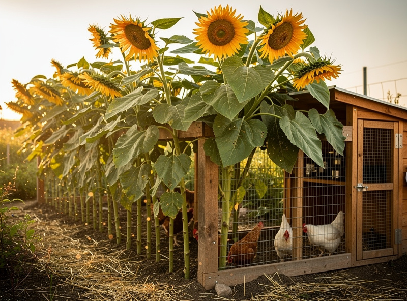 Tall mammoth sunflowers providing shade alongside a chicken coop run