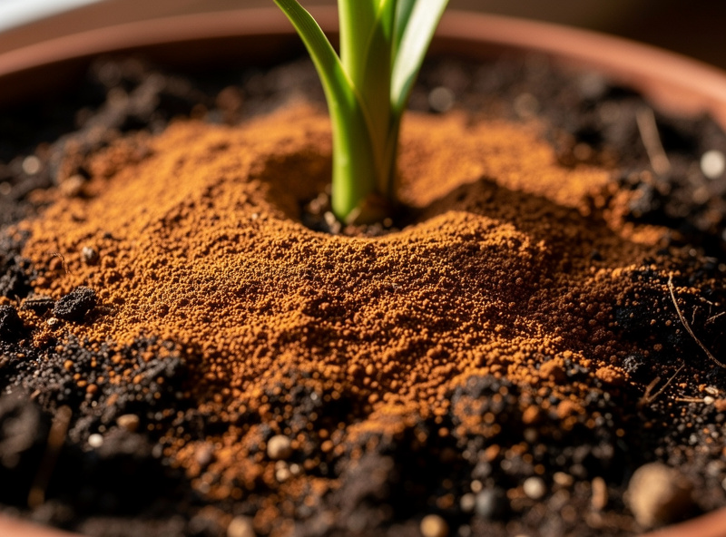 Ground cinnamon powder dusted across dark potting soil around a houseplant stem