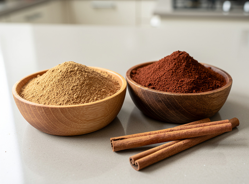 Light Ceylon cinnamon and darker cassia cinnamon powder in two bowls with cinnamon sticks