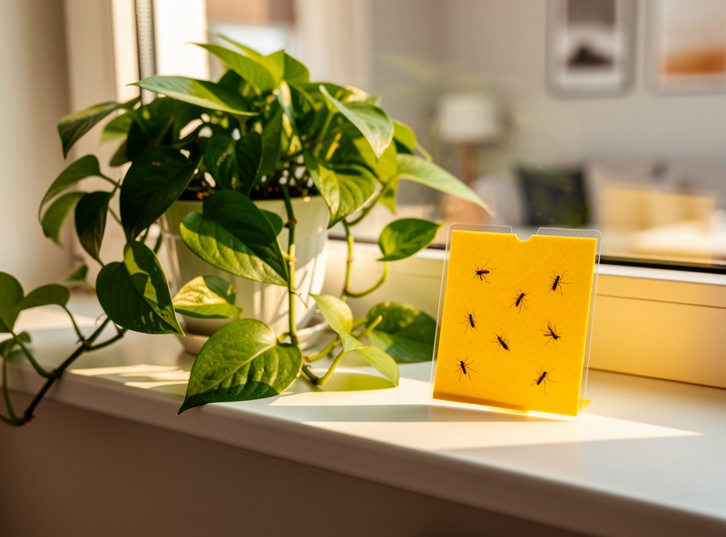 Healthy houseplant beside a yellow sticky trap catching fungus gnats on a windowsill