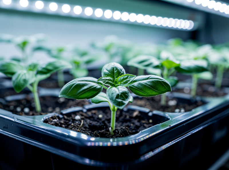 Young basil seedlings with first true leaves growing under an LED grow bar