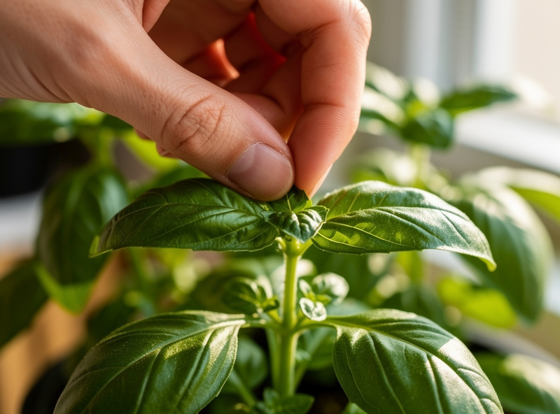 Hands pinching the top growing tip from a bushy basil plant to encourage branching