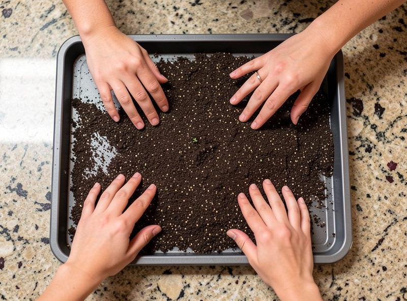 Hands spreading fine dark soil medium evenly across a 10x20 microgreens tray