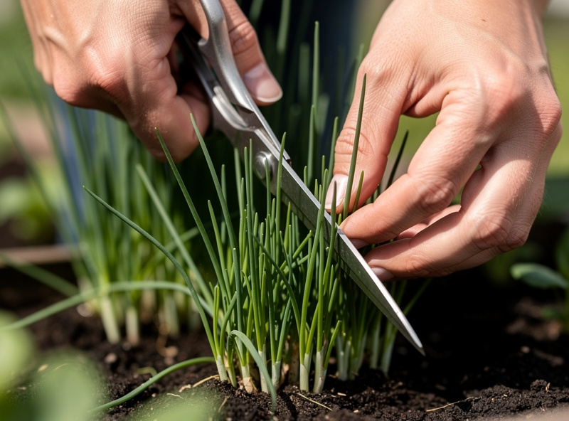 Hands cutting chives low with scissors near the base of the clump for regrowth