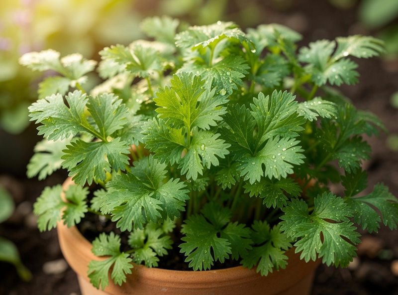 Healthy green cilantro plants growing in a container before bolting
